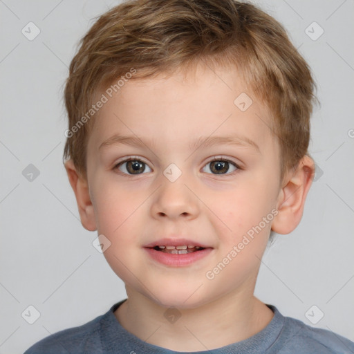 Joyful white child male with short  brown hair and brown eyes