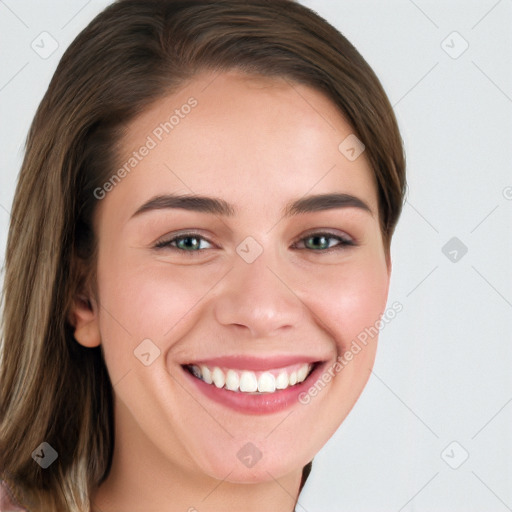 Joyful white young-adult female with long  brown hair and grey eyes