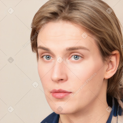 Neutral white young-adult female with medium  brown hair and blue eyes