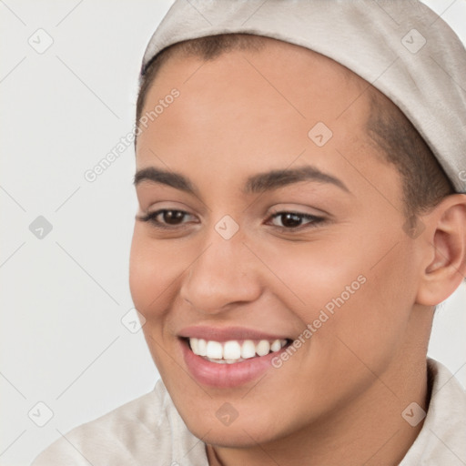 Joyful white young-adult female with short  brown hair and brown eyes