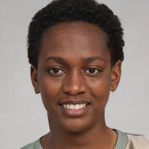 Joyful black young-adult female with short  black hair and brown eyes