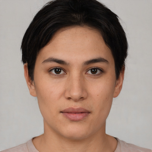 Joyful asian young-adult female with short  brown hair and brown eyes