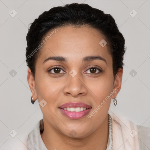 Joyful latino young-adult female with short  brown hair and brown eyes