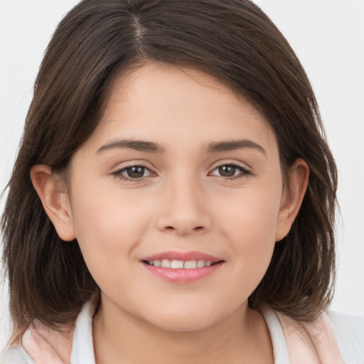 Joyful white child female with medium  brown hair and brown eyes