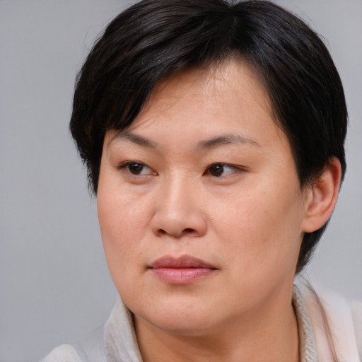 Neutral asian adult female with medium  brown hair and brown eyes