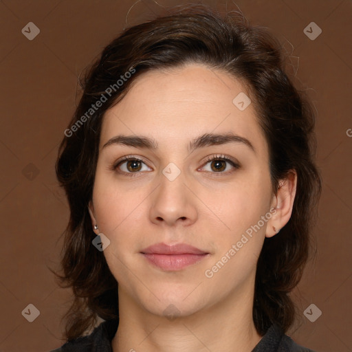 Neutral white young-adult female with medium  brown hair and brown eyes