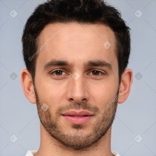 Joyful white young-adult male with short  brown hair and brown eyes