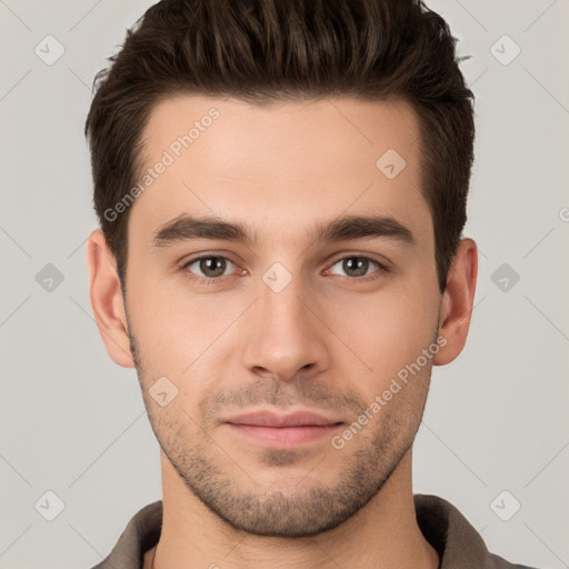 Neutral white young-adult male with short  brown hair and brown eyes