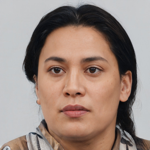 Neutral asian young-adult female with medium  black hair and brown eyes
