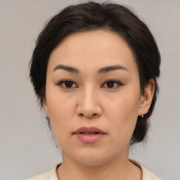 Neutral asian young-adult female with medium  brown hair and brown eyes