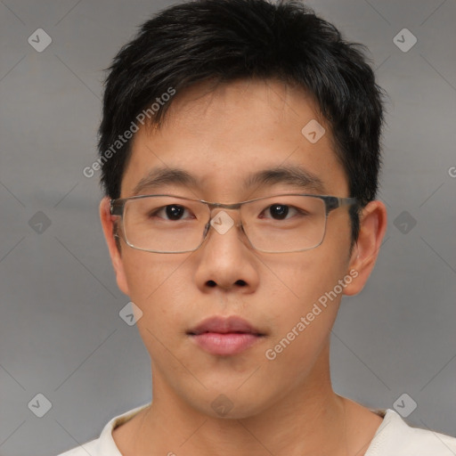 Neutral asian young-adult male with short  brown hair and brown eyes