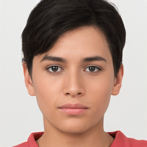 Neutral white young-adult female with short  brown hair and brown eyes