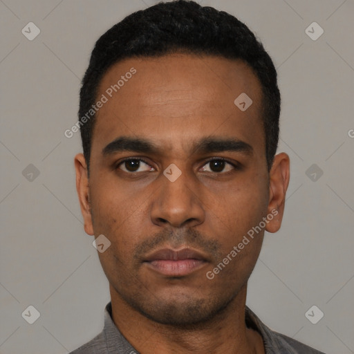 Neutral black young-adult male with short  black hair and brown eyes