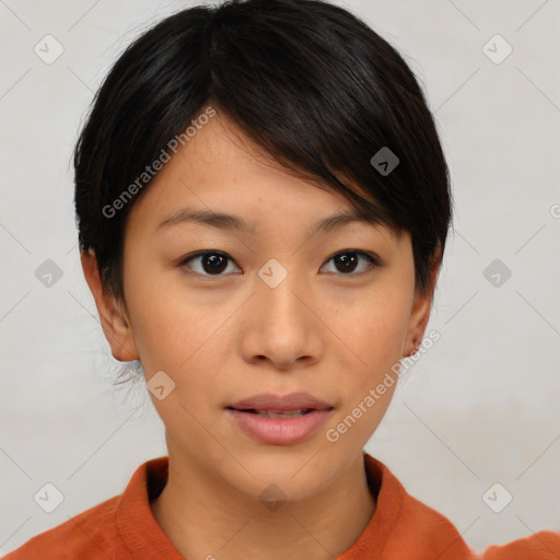 Neutral asian young-adult female with short  brown hair and brown eyes