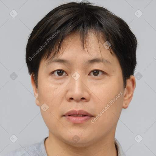 Joyful asian adult male with short  brown hair and brown eyes