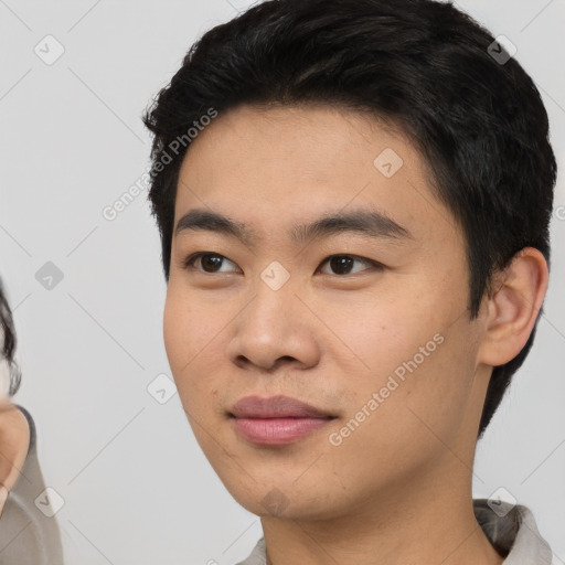 Neutral asian young-adult male with short  black hair and brown eyes