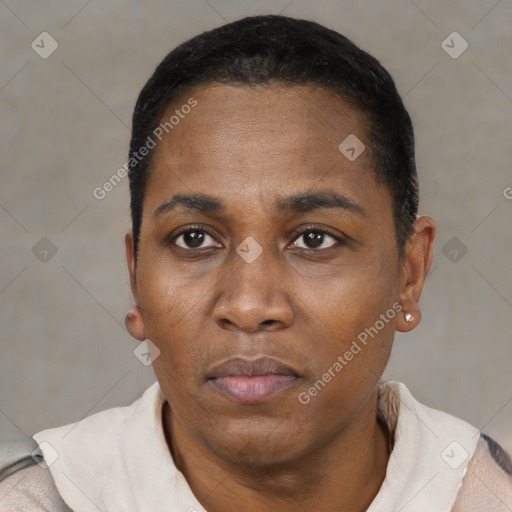 Neutral black adult female with short  black hair and brown eyes