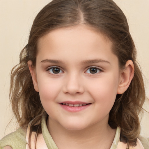 Joyful white child female with medium  brown hair and brown eyes