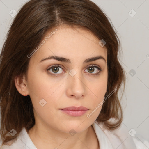 Neutral white young-adult female with medium  brown hair and brown eyes