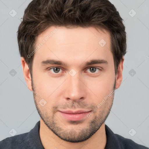 Neutral white young-adult male with short  brown hair and brown eyes