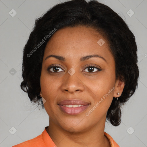 Joyful black young-adult female with medium  brown hair and brown eyes