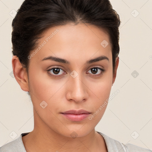 Neutral white young-adult female with short  brown hair and brown eyes