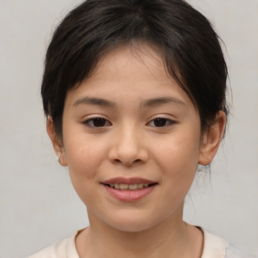 Joyful asian child female with medium  brown hair and brown eyes
