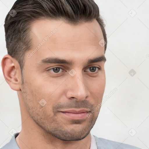 Neutral white young-adult male with short  brown hair and brown eyes