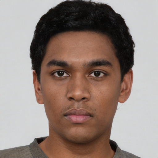 Neutral black young-adult male with short  black hair and brown eyes