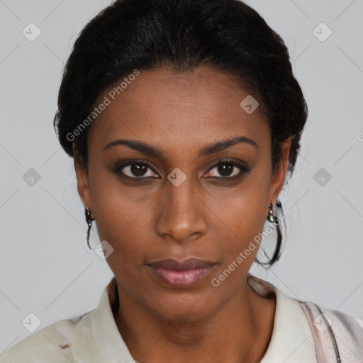 Neutral black young-adult female with medium  brown hair and brown eyes