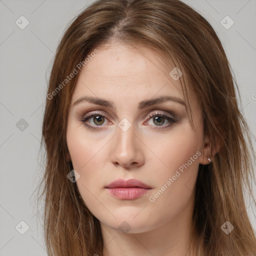 Neutral white young-adult female with long  brown hair and brown eyes