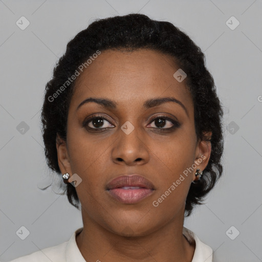 Neutral black young-adult female with short  brown hair and brown eyes