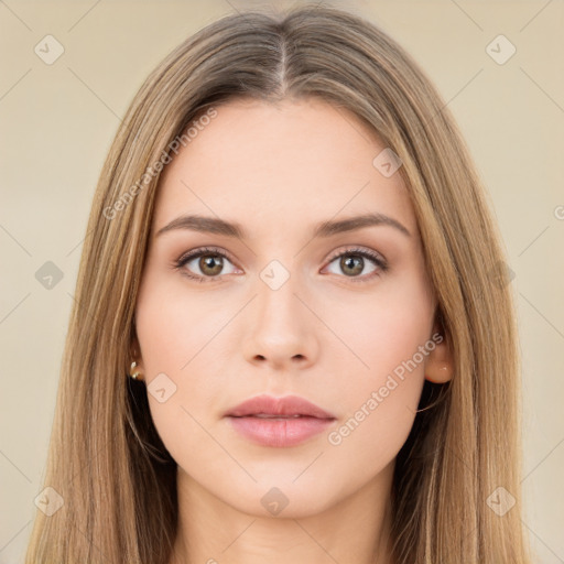 Neutral white young-adult female with long  brown hair and brown eyes