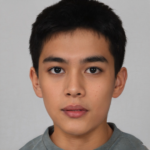 Neutral asian young-adult male with short  black hair and brown eyes
