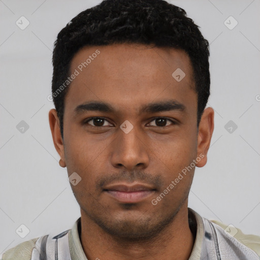 Neutral latino young-adult male with short  black hair and brown eyes
