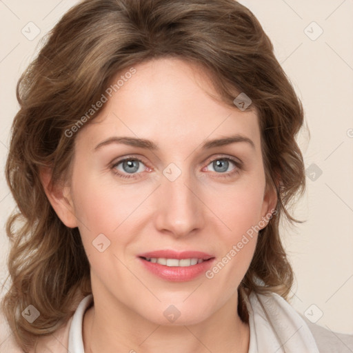 Joyful white young-adult female with medium  brown hair and blue eyes