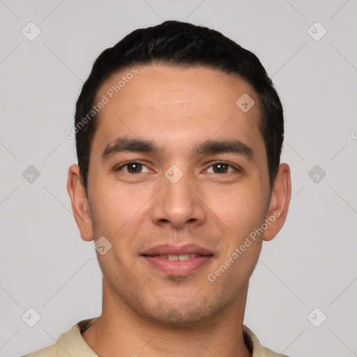 Joyful white young-adult male with short  black hair and brown eyes