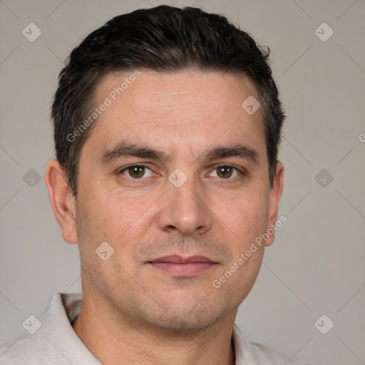 Neutral white adult male with short  brown hair and brown eyes