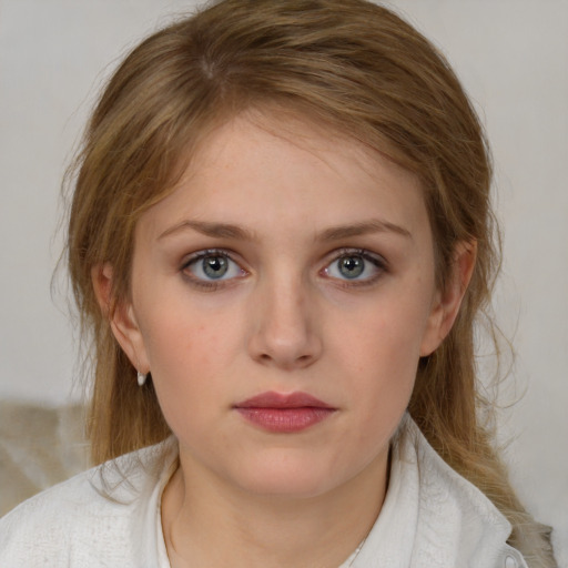 Neutral white young-adult female with medium  brown hair and blue eyes