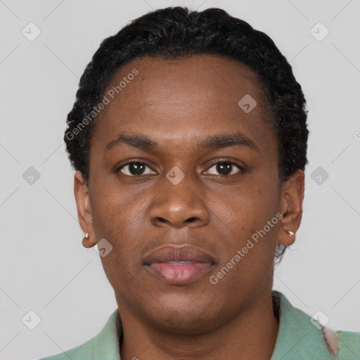 Neutral black young-adult male with short  black hair and brown eyes