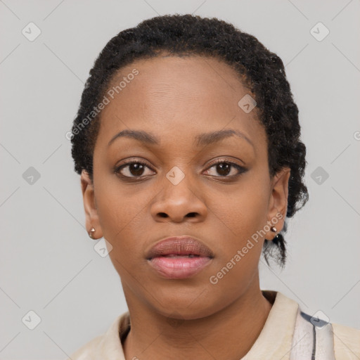 Neutral black young-adult female with short  black hair and brown eyes