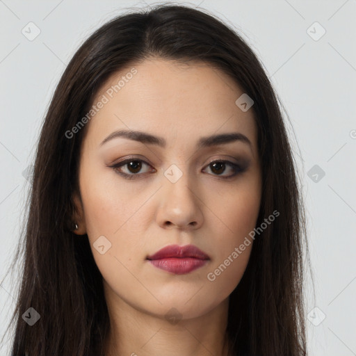 Neutral white young-adult female with long  brown hair and brown eyes