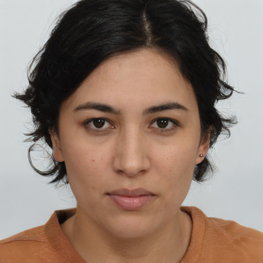 Neutral latino young-adult female with medium  brown hair and brown eyes