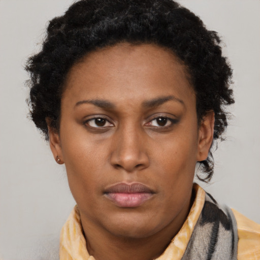 Neutral latino adult female with short  brown hair and brown eyes