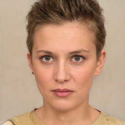 Neutral white young-adult female with short  brown hair and grey eyes