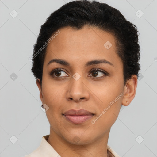 Joyful latino young-adult female with short  brown hair and brown eyes