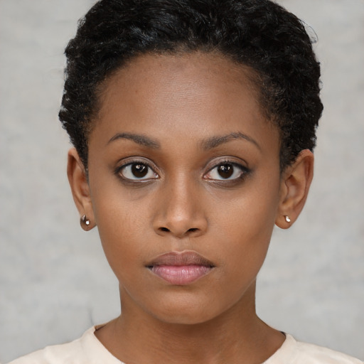 Neutral black young-adult female with short  brown hair and brown eyes