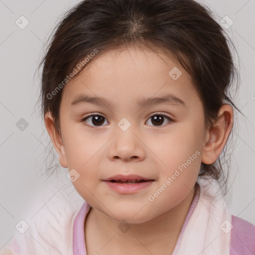 Joyful white child female with medium  brown hair and brown eyes