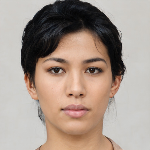 Neutral asian young-adult female with medium  black hair and brown eyes