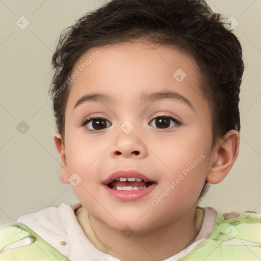 Joyful white child female with short  brown hair and brown eyes